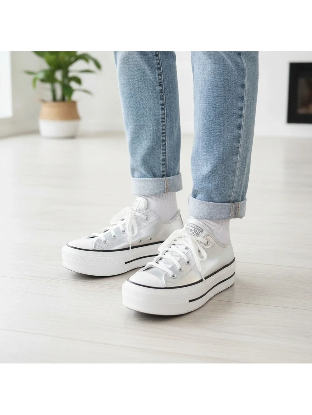 Converse All Star Platform Low Top Sneakers Silver Metallic Size 9